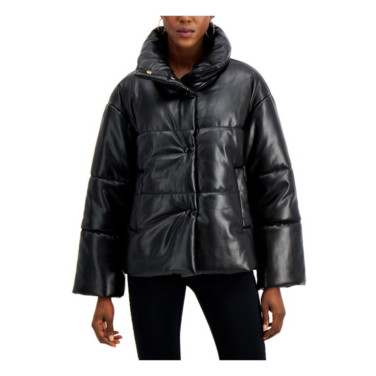 I-N-C Womens Faux Leather Puffer Jacket, Black, X-Large